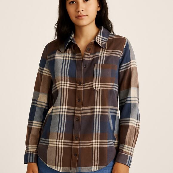 BDG Brown Blue Plaid Flannel Shirt with Pockets - Size Small - Picture 1 of 4
